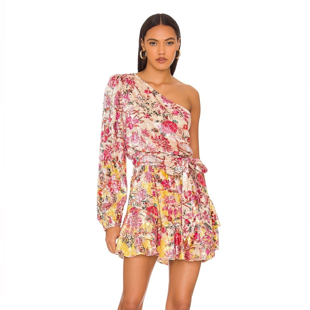 HEMANT AND NANDITA SHORT FLORAL DRESS WITH TIE UP BELT